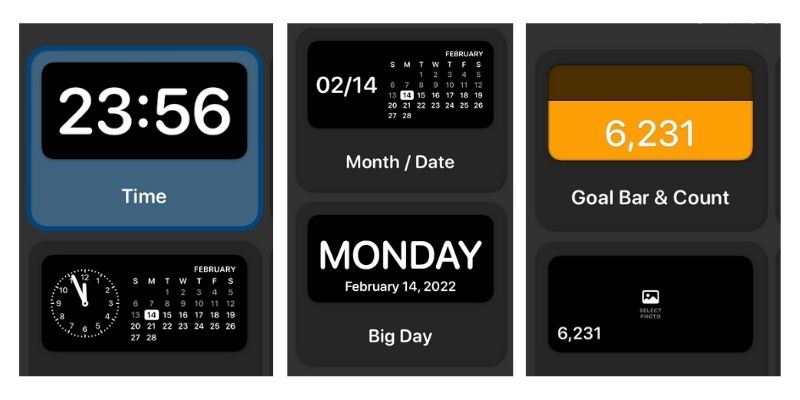 時計、カレンダー、歩数計のウィジェット例